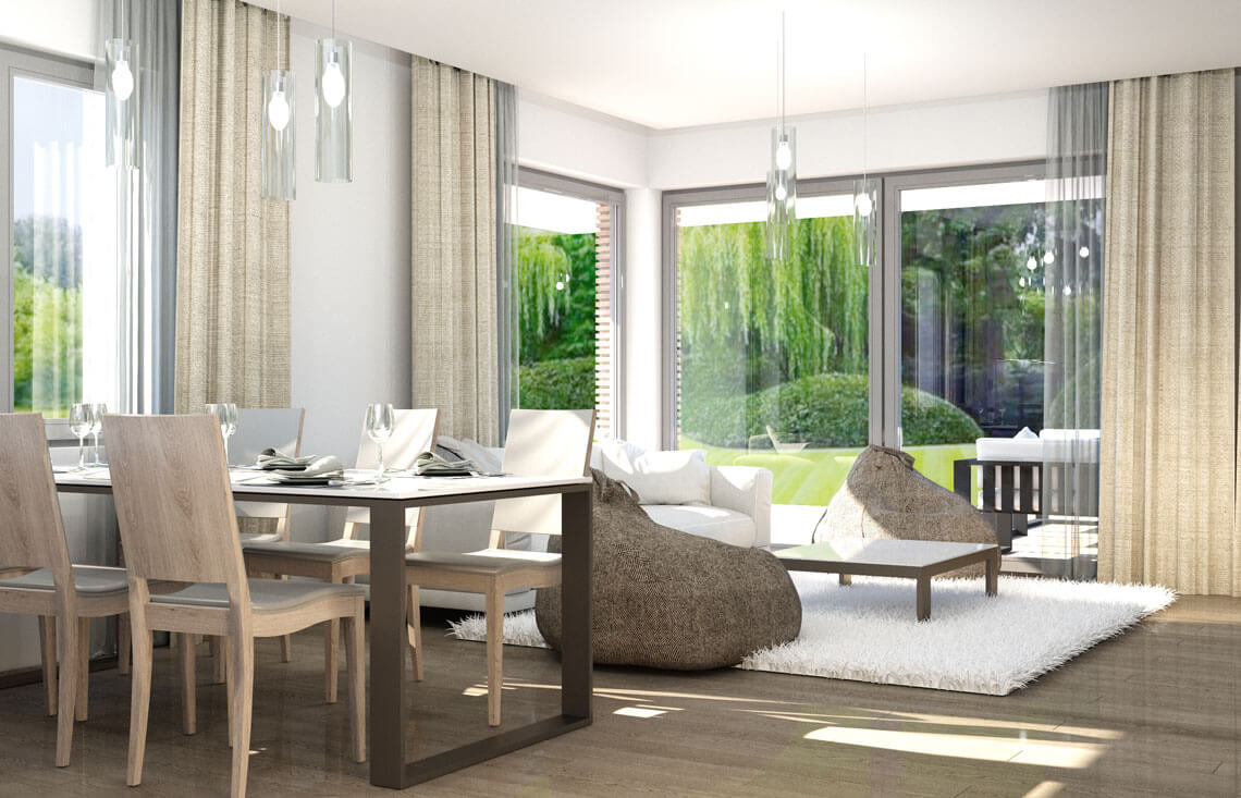 Projekt domu z poddaszem Ewa Lux Modern wnętrze widok na jadalnię, salon i ogród za oknem